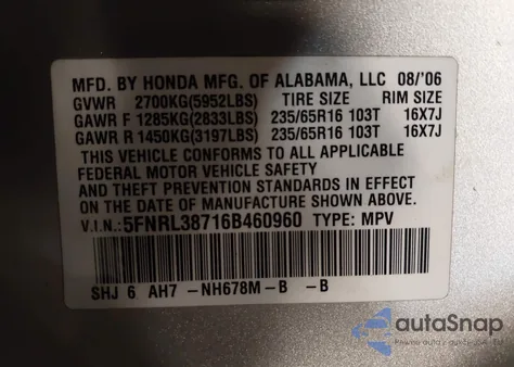 2006 Honda Odyssey Ex-L из США, поврежденный, VIN 5FNRL38716B460960